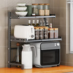 Extendable Microwave Oven Rack, 3-Tier Adjustable Microwave Shelf with 8 Hooks, 14.2 ''- 24.4 '' L Microwave Stand Countertop, Kitchen Over Microwave Shelf with Suction Cup Foot, Microwave Rack Black