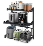 Extendable Microwave Oven Rack, 3-Tier Adjustable Microwave Shelf with 8 Hooks, 14.2 ''- 24.4 '' L Microwave Stand Countertop, Kitchen Over Microwave Shelf with Suction Cup Foot, Microwave Rack Black