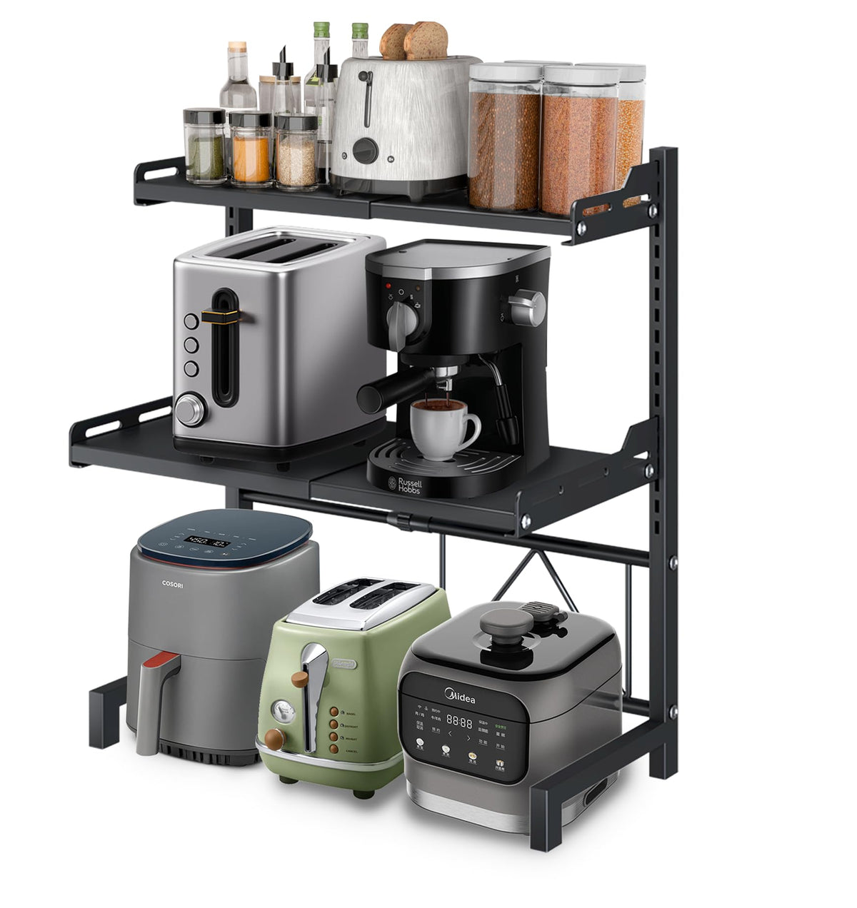 Extendable Microwave Oven Rack, 3-Tier Adjustable Microwave Shelf with 8 Hooks, 14.2 ''- 24.4 '' L Microwave Stand Countertop, Kitchen Over Microwave Shelf with Suction Cup Foot, Microwave Rack Black