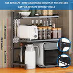 Extendable Microwave Oven Rack, 3-Tier Adjustable Microwave Shelf with 8 Hooks, 14.2 ''- 24.4 '' L Microwave Stand Countertop, Kitchen Over Microwave Shelf with Suction Cup Foot, Microwave Rack Black