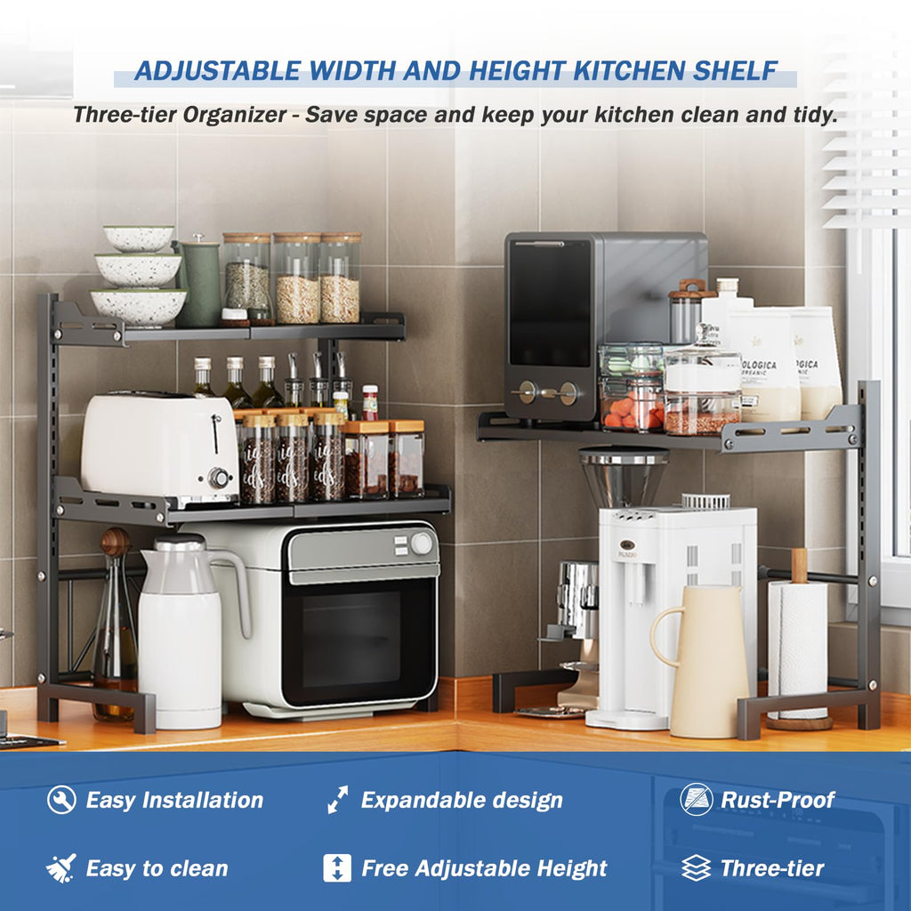 Extendable Microwave Oven Rack, 3-Tier Adjustable Microwave Shelf with 8 Hooks, 14.2 ''- 24.4 '' L Microwave Stand Countertop, Kitchen Over Microwave Shelf with Suction Cup Foot, Microwave Rack Black