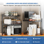 Extendable Microwave Oven Rack, 3-Tier Adjustable Microwave Shelf with 8 Hooks, 14.2 ''- 24.4 '' L Microwave Stand Countertop, Kitchen Over Microwave Shelf with Suction Cup Foot, Microwave Rack Black