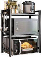 3-Tier Microwave Oven Rack – Adjustable Metal Kitchen Shelf Stand for Countertop Storage, Heavy-Duty Steel Microwave Shelf with 6 Hooks for Utensils, Toaster, Air Fryer, Oven (Black)