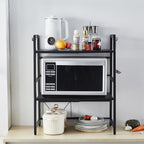 3-Tier Microwave Oven Rack – Adjustable Metal Kitchen Shelf Stand for Countertop Storage, Heavy-Duty Steel Microwave Shelf with 6 Hooks for Utensils, Toaster, Air Fryer, Oven (Black)