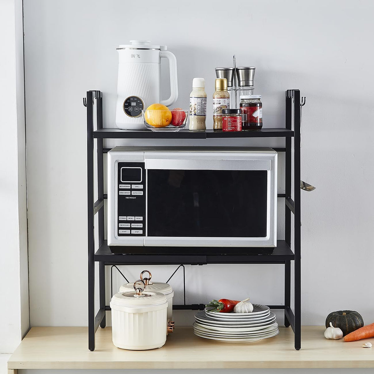 3-Tier Microwave Oven Rack – Adjustable Metal Kitchen Shelf Stand for Countertop Storage, Heavy-Duty Steel Microwave Shelf with 6 Hooks for Utensils, Toaster, Air Fryer, Oven (Black)