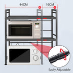 3-Tier Microwave Oven Rack – Adjustable Metal Kitchen Shelf Stand for Countertop Storage, Heavy-Duty Steel Microwave Shelf with 6 Hooks for Utensils, Toaster, Air Fryer, Oven (Black)