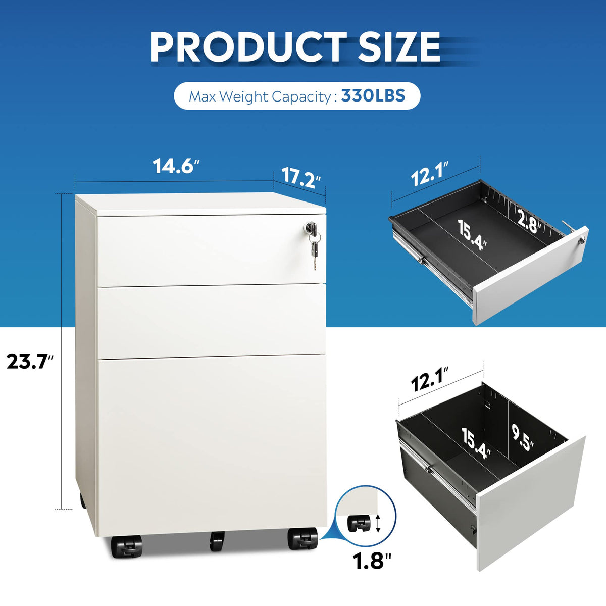 DEVAISE 3 Drawer File Cabinet with Lock, Fully Assembled Except Casters