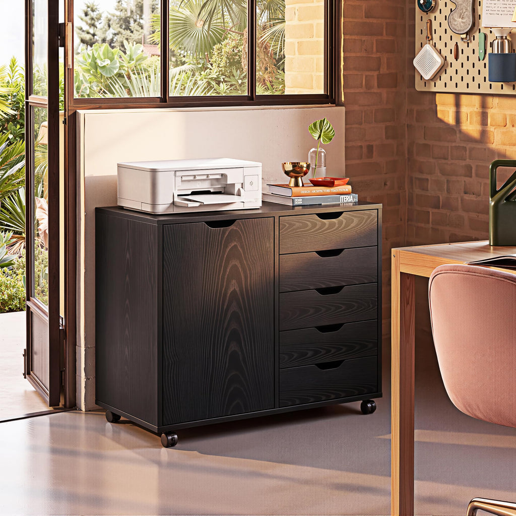 DEVAISE 5-Drawer Wood Drawer Cabinet, Office Storage Cabinet, Black
