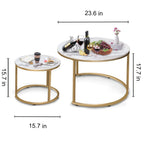 Garden 4 you Round Nesting Coffee Table Set of 2 for Living Room,Marble Center Tea Nest of Table with Metal Frame,End Side table for Small Space/Living Room/Bedroom, White Gold, 60 x 60 x 50.5cm