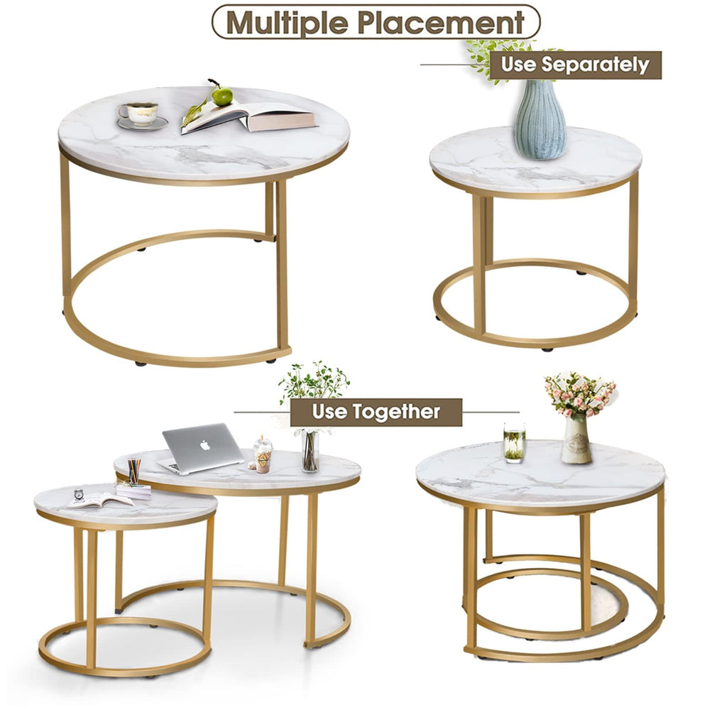 Garden 4 you Round Nesting Coffee Table Set of 2 for Living Room,Marble Center Tea Nest of Table with Metal Frame,End Side table for Small Space/Living Room/Bedroom, White Gold, 60 x 60 x 50.5cm