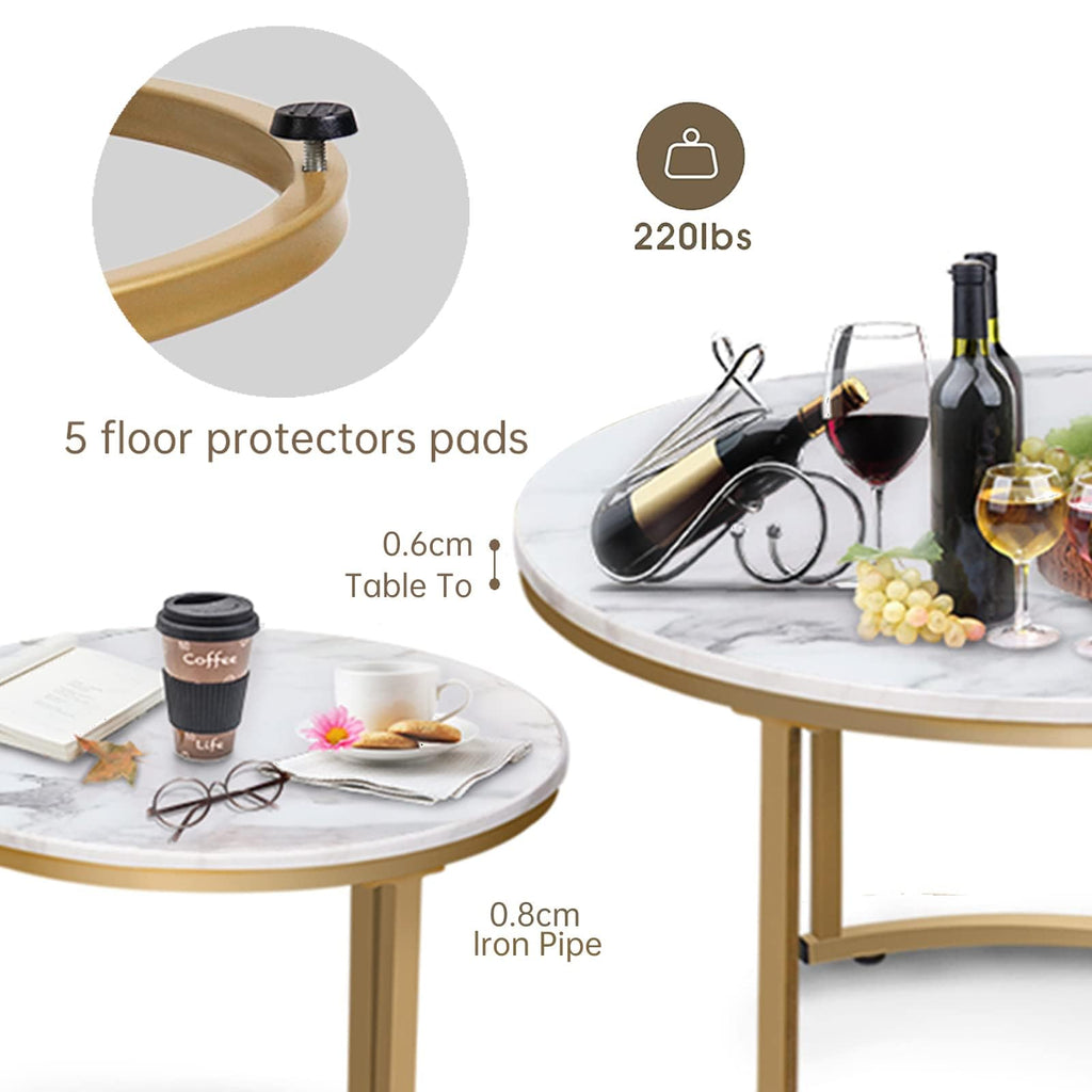 Garden 4 you Round Nesting Coffee Table Set of 2 for Living Room,Marble Center Tea Nest of Table with Metal Frame,End Side table for Small Space/Living Room/Bedroom, White Gold, 60 x 60 x 50.5cm