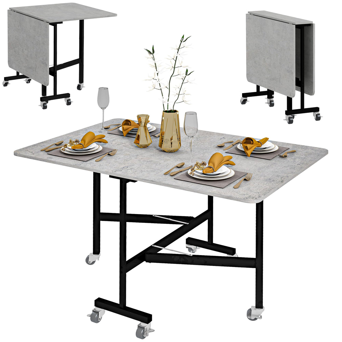 HOMCOM Drop Leaf Table, Folding Dining Table with Metal Frame, Rolling Kitchen Dining Table for Small Spaces, 120cm, Grey