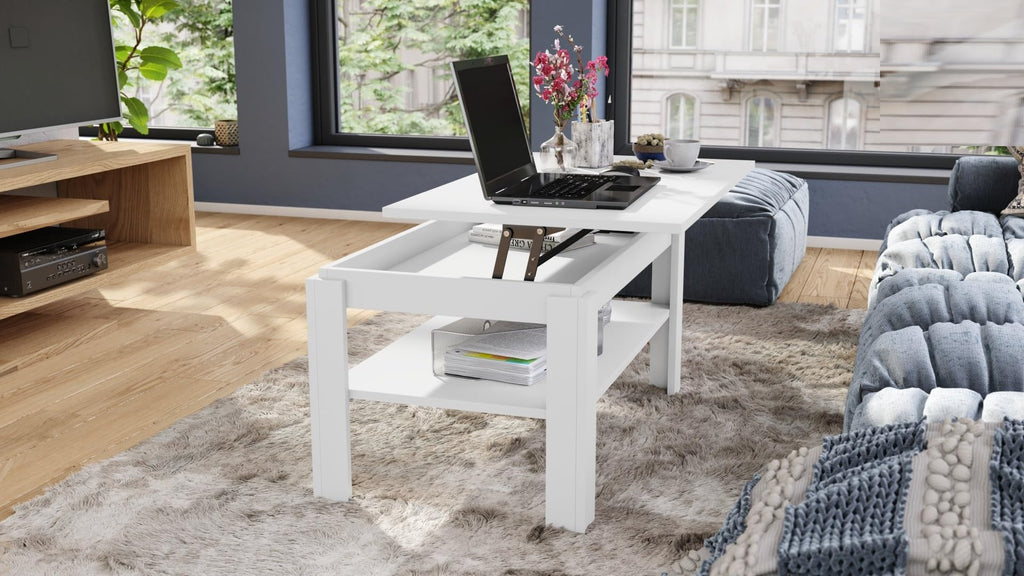designimpex Asti-P Designer Coffee Table Height-Adjustable 55-67 cm Dining Table Matt White