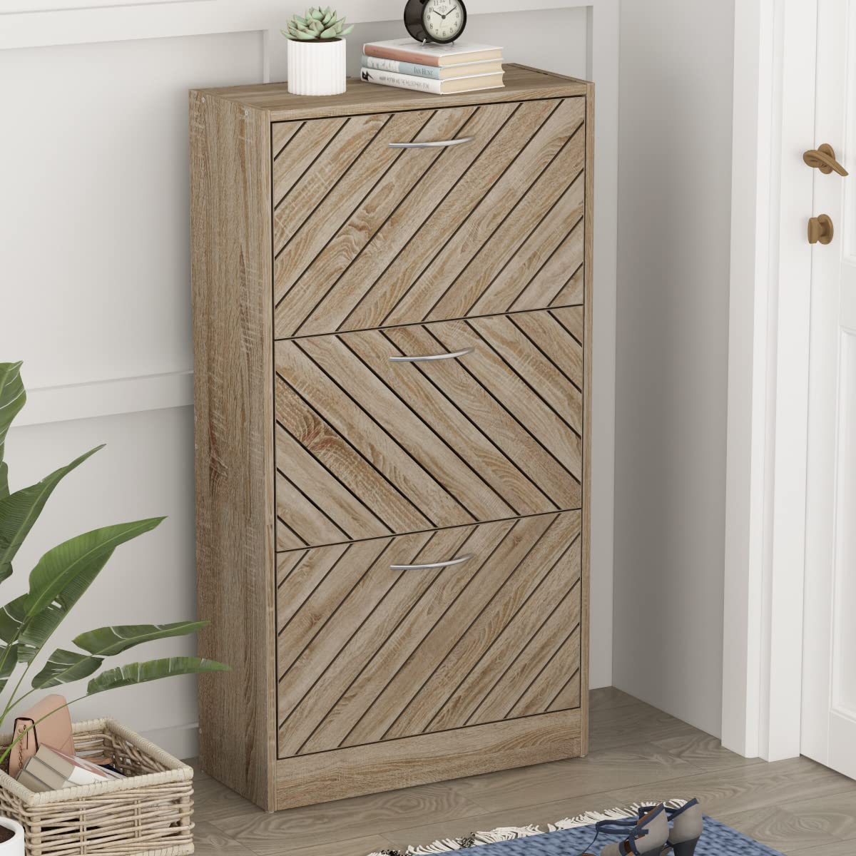 Shoe Cabinet Narrow with 3 Flaps, 57 × 24 × 107 cm, Wood Effect