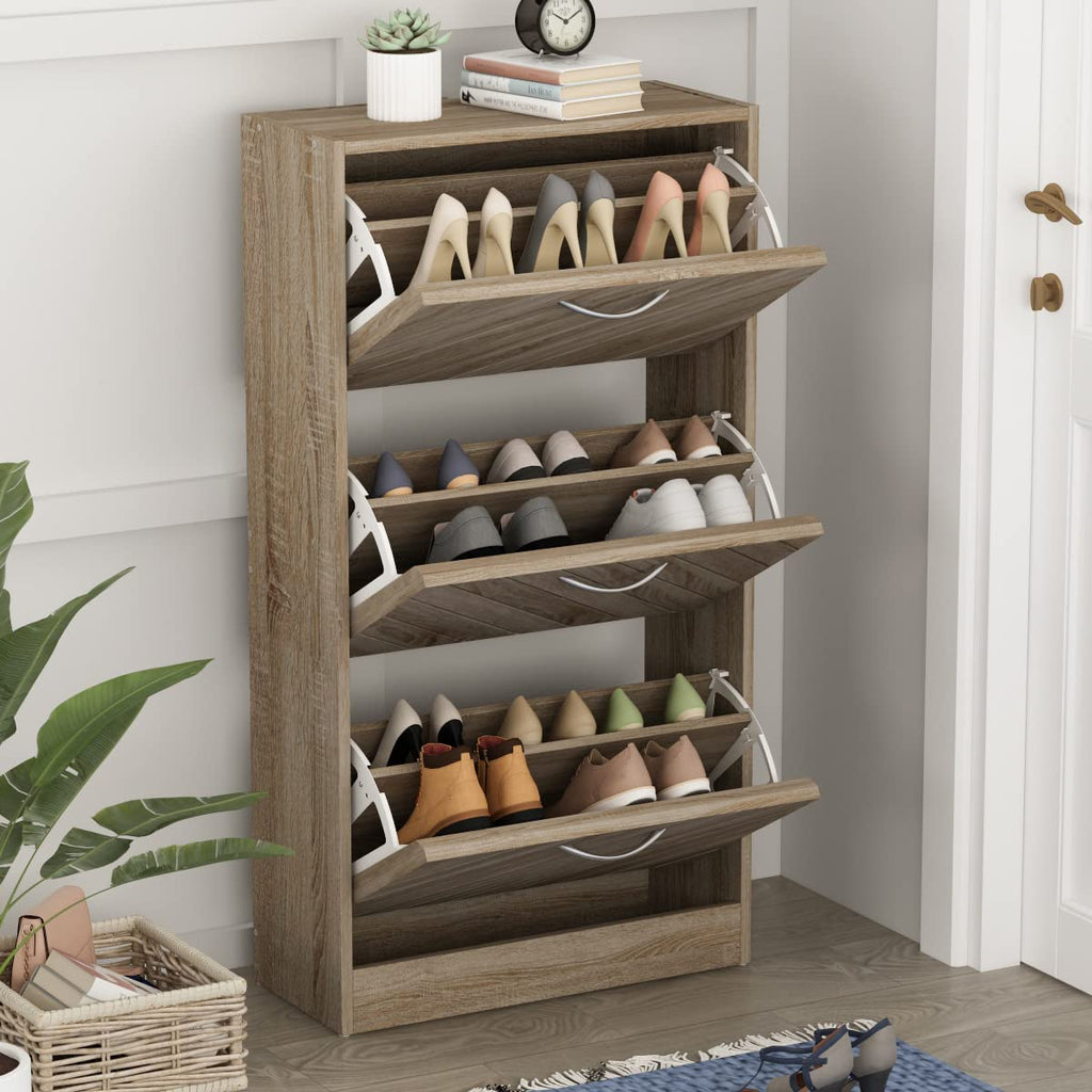 Shoe Cabinet Narrow with 3 Flaps, 57 × 24 × 107 cm, Wood Effect