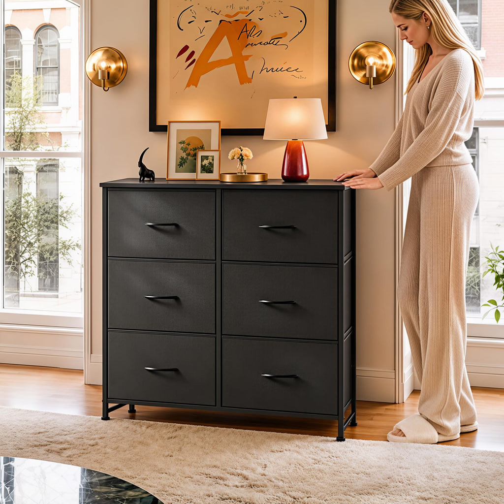 WLIVE Black Fabric Dresser for Bedroom, 6 Drawer Dressers Chest of Drawers