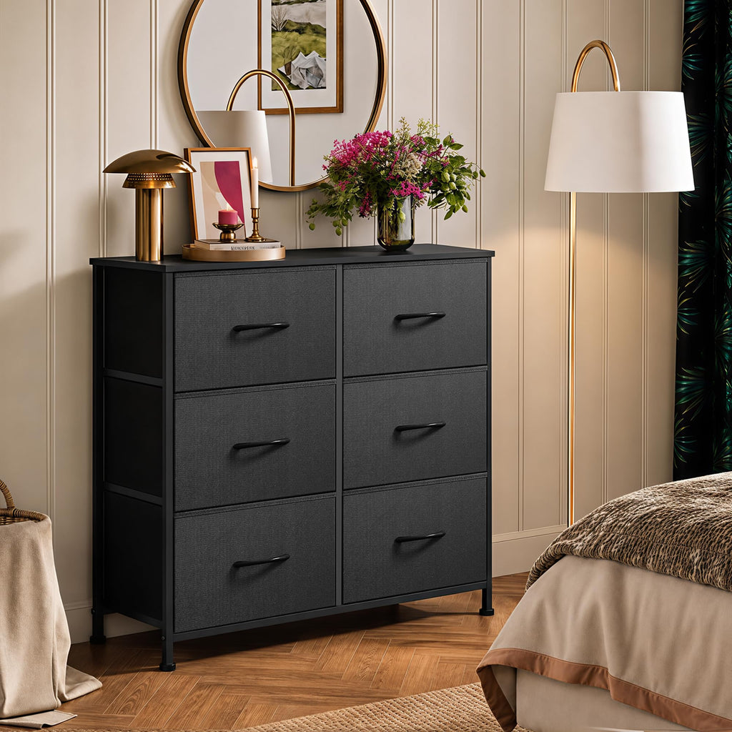 WLIVE Black Fabric Dresser for Bedroom, 6 Drawer Dressers Chest of Drawers