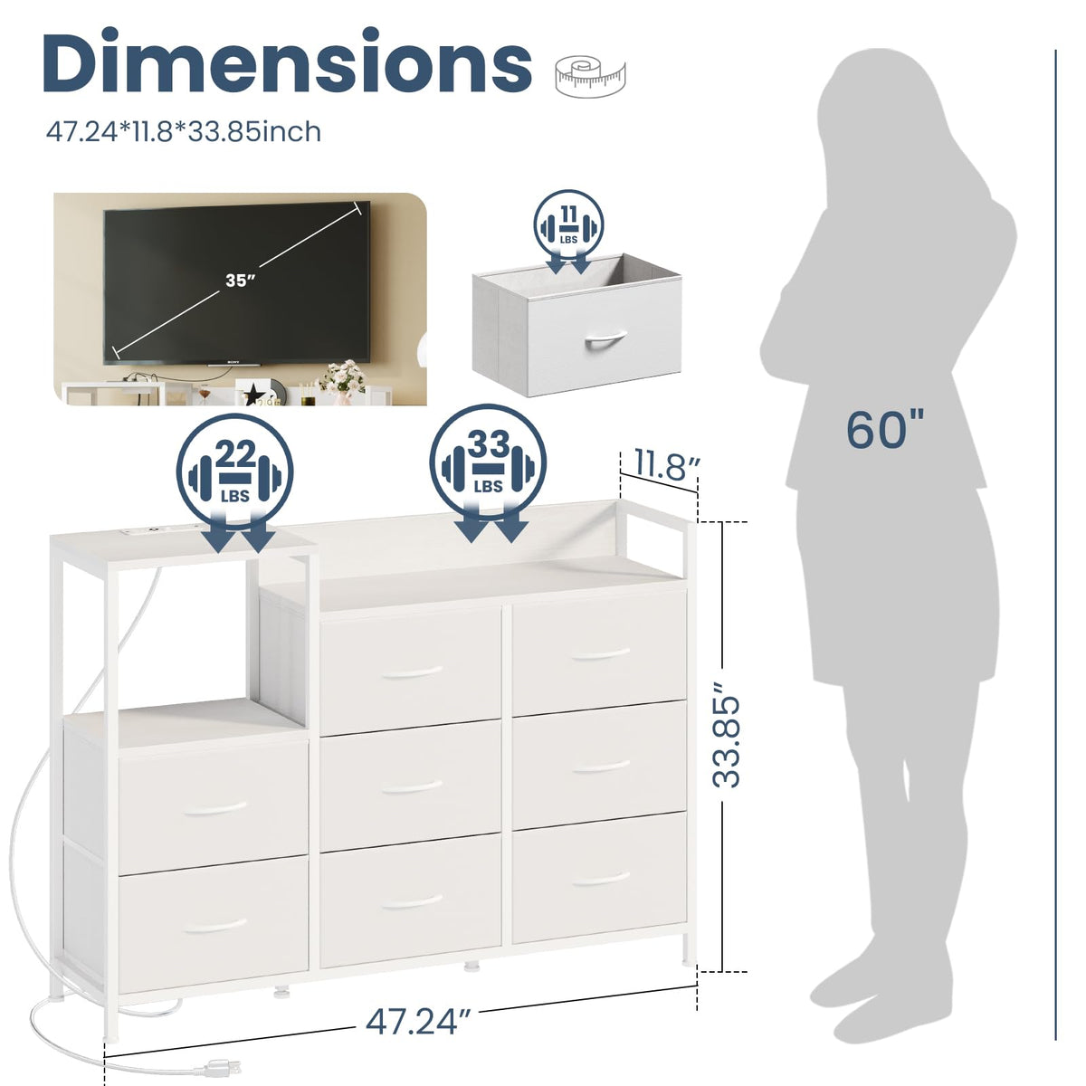 DUMOS TV Stand Dresser, Entertainment Center with Charging Station