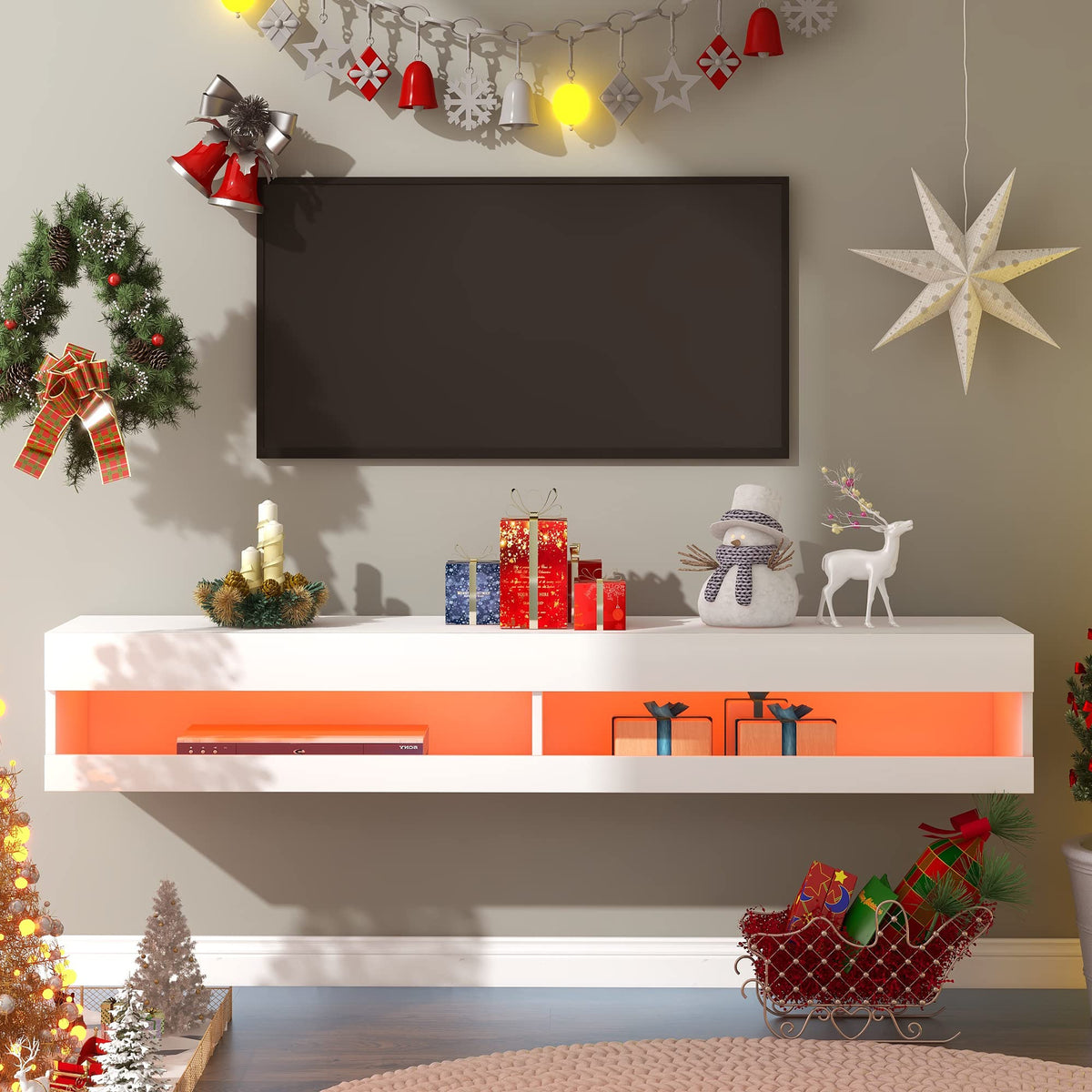I0I&I0I TV Stand with LED Lights, Floating Entertainment Center Media Console, Wall Mounted High Gloss Modern Storage Shelf for up to 65‘’ TV (White)