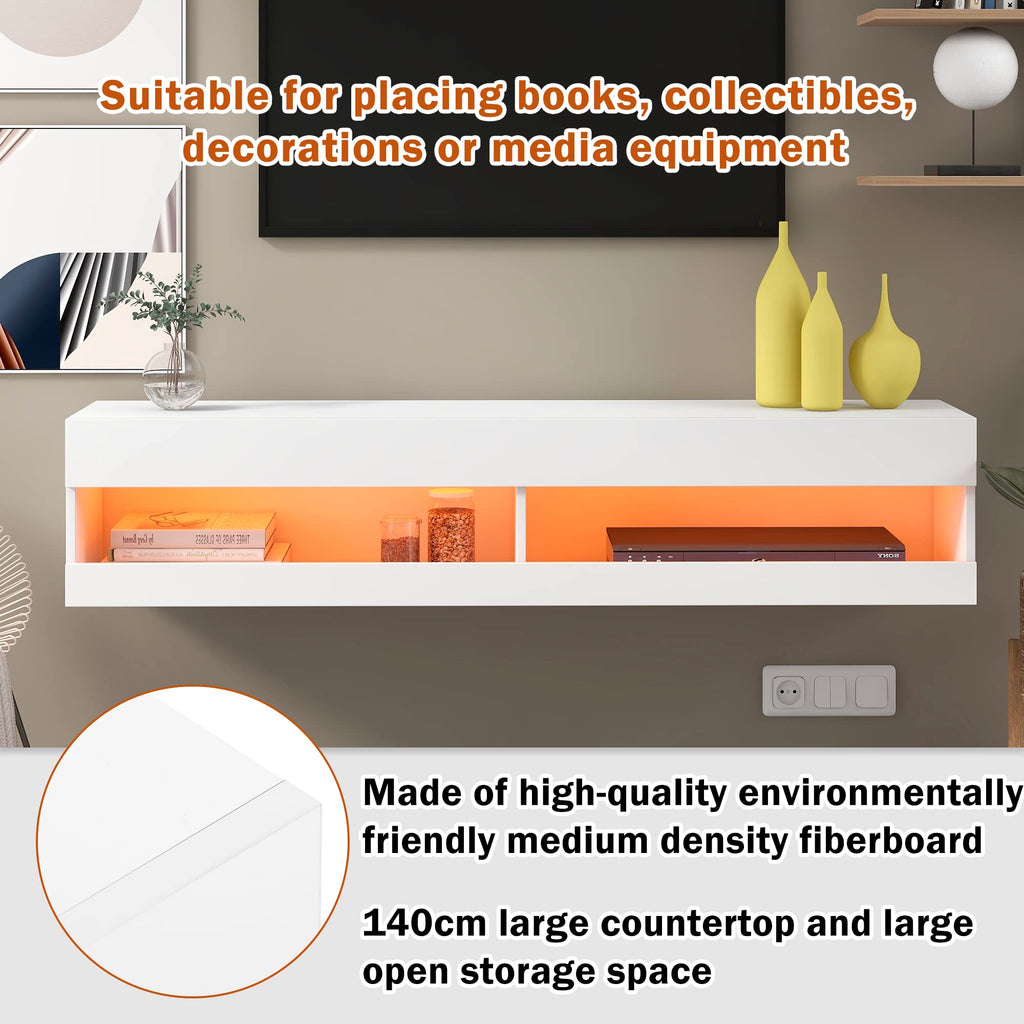 I0I&I0I TV Stand with LED Lights, Floating Entertainment Center Media Console, Wall Mounted High Gloss Modern Storage Shelf for up to 65‘’ TV (White)