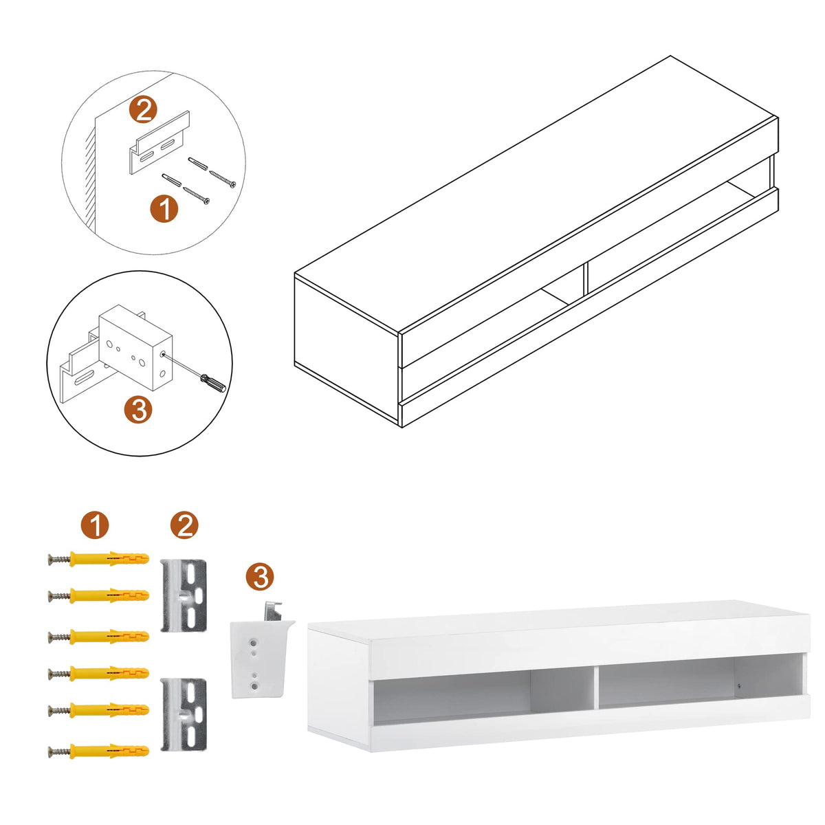 I0I&I0I TV Stand with LED Lights, Floating Entertainment Center Media Console, Wall Mounted High Gloss Modern Storage Shelf for up to 65‘’ TV (White)