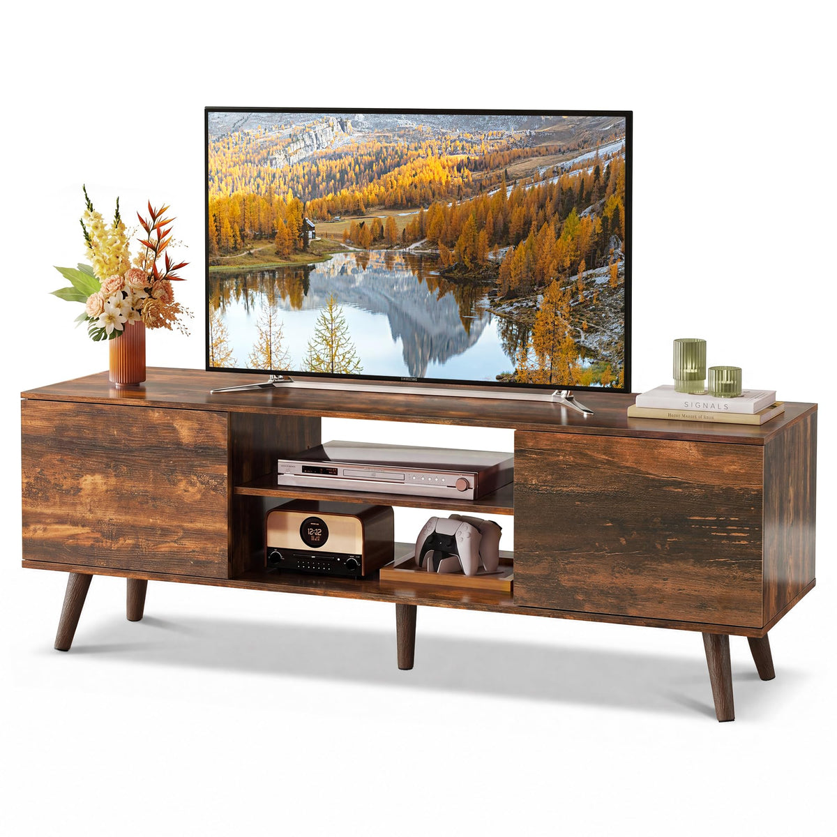 WLIVE TV Stand for 55 60 Inch TV, mid Century Modern Entertainment Center with 2 Cabinets Storage & Adjustable Shelf, Media Console Table for Living Room, Bedroom, Media Furniture, Retro Brown