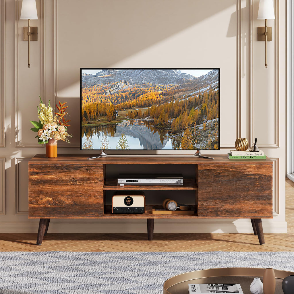 WLIVE TV Stand for 55 60 Inch TV, mid Century Modern Entertainment Center with 2 Cabinets Storage & Adjustable Shelf, Media Console Table for Living Room, Bedroom, Media Furniture, Retro Brown
