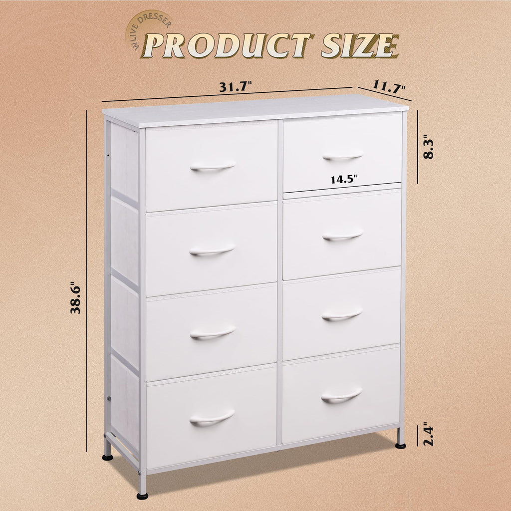 WLIVE 8 Drawer White Fabric Dresser for Bedroom, Tall Storage Tower