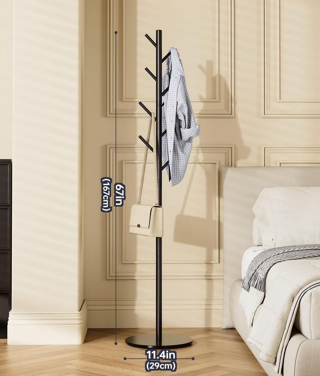 Coat Stand with 8 Hooks - 3 Height Adjustable - Modern Clothes Rack Made of Sturdy Metal with Sintered Stone Base for Office and Bedroom - Ideal for Coats, Hats and Bags