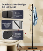 Coat Stand with 8 Hooks - 3 Height Adjustable - Modern Clothes Rack Made of Sturdy Metal with Sintered Stone Base for Office and Bedroom - Ideal for Coats, Hats and Bags