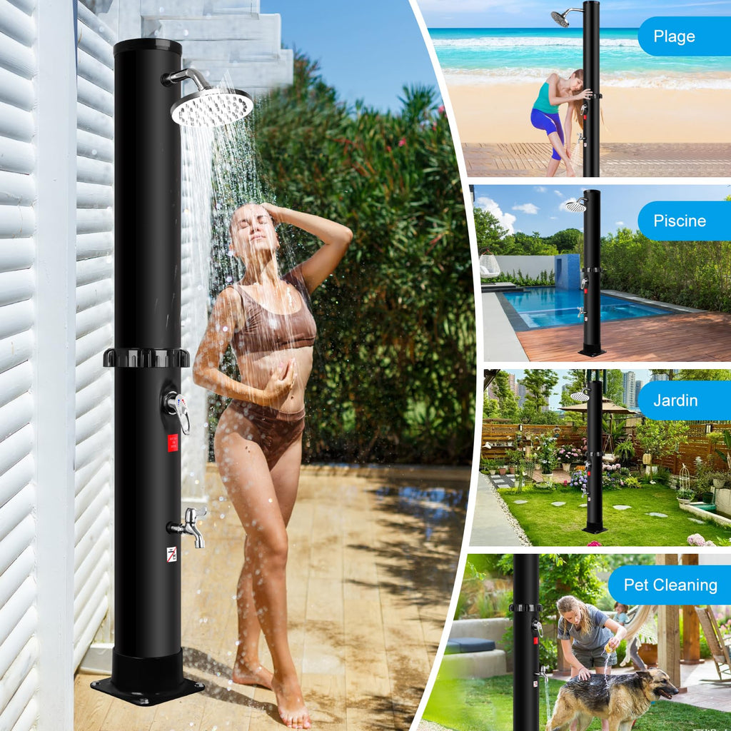Solar Outdoor Shower 35L with Rotating Shower Head, Foot Shower and Built-In Thermometer, Garden Pool Shower without Electric Connection, 60°C Max, Black (35L)