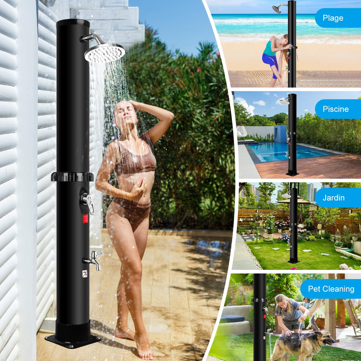 Solar Outdoor Shower 35L with Rotating Shower Head, Foot Shower and Built-In Thermometer, Garden Pool Shower without Electric Connection, 60°C Max, Black (35L)