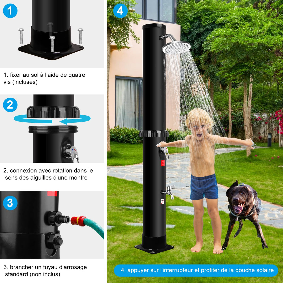Solar Outdoor Shower 35L with Rotating Shower Head, Foot Shower and Built-In Thermometer, Garden Pool Shower without Electric Connection, 60°C Max, Black (35L)