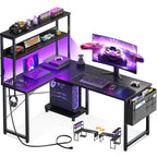 AODK L Shaped Desk Gaming Desk with LED Light & Power Outlet
