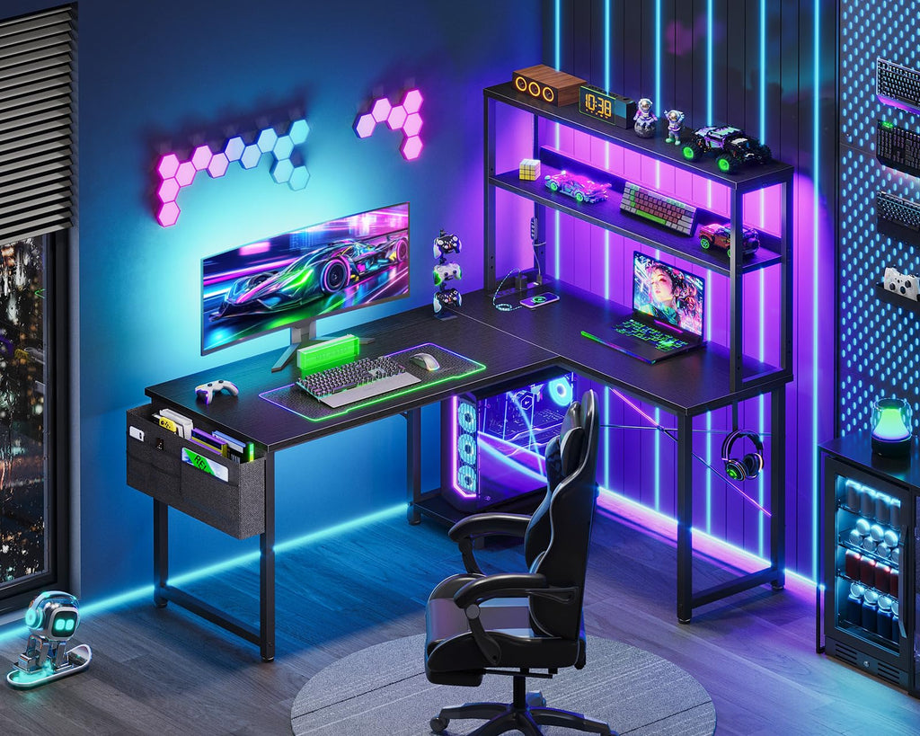 AODK L Shaped Desk Gaming Desk with LED Light & Power Outlet