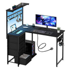 Levede L Shaped Gaming Desk with LED Lights & UK Power Outlets, 110 x 80 cm Reversible Corner PC Desk with 4 Fabric Drawers, Pegboard, CPU Stand & Headphone Hook, Carbon Fibre Black