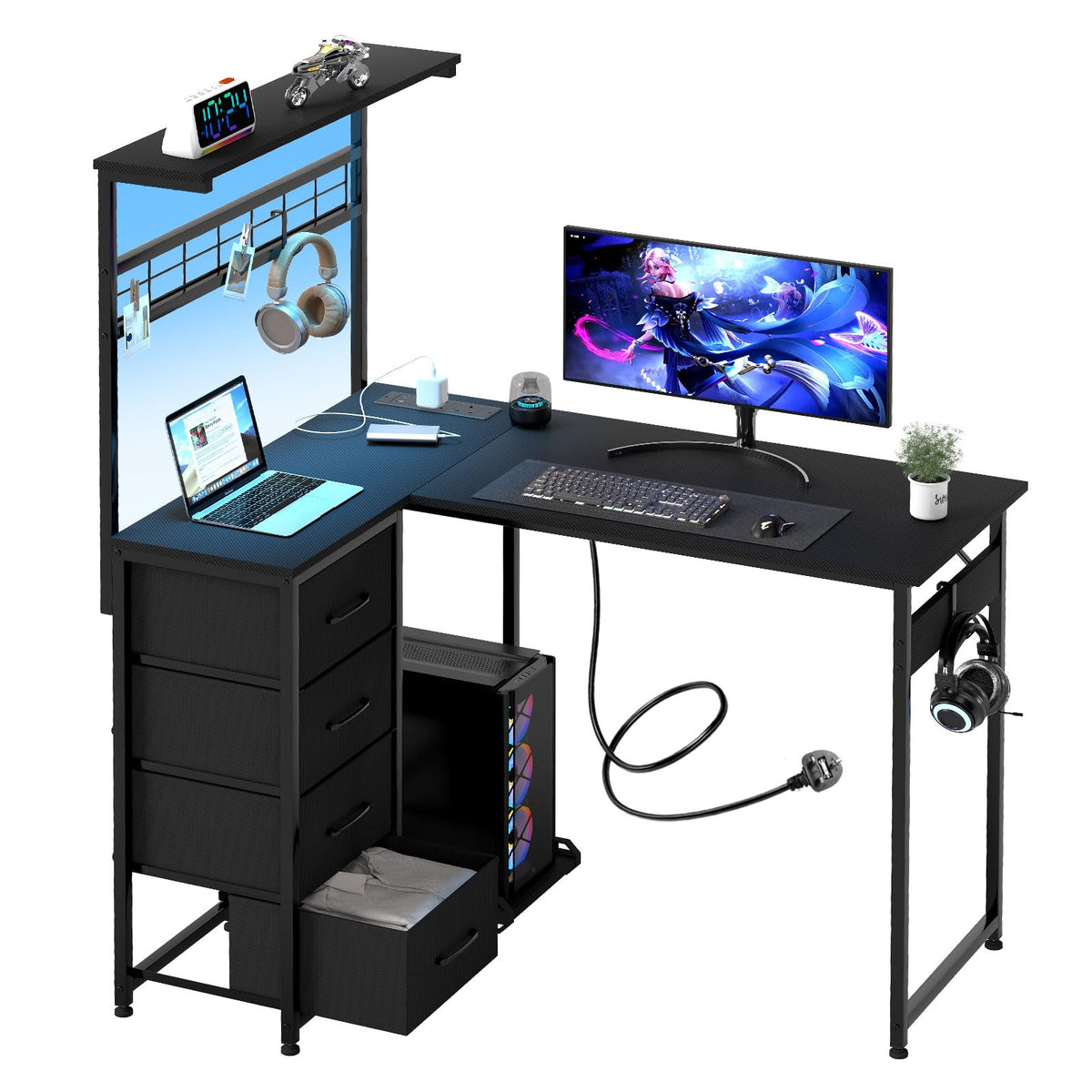 Levede L Shaped Gaming Desk with LED Lights & UK Power Outlets, 110 x 80 cm Reversible Corner PC Desk with 4 Fabric Drawers, Pegboard, CPU Stand & Headphone Hook, Carbon Fibre Black