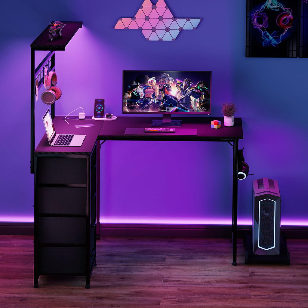 Levede L Shaped Gaming Desk with LED Lights & UK Power Outlets, 110 x 80 cm Reversible Corner PC Desk with 4 Fabric Drawers, Pegboard, CPU Stand & Headphone Hook, Carbon Fibre Black