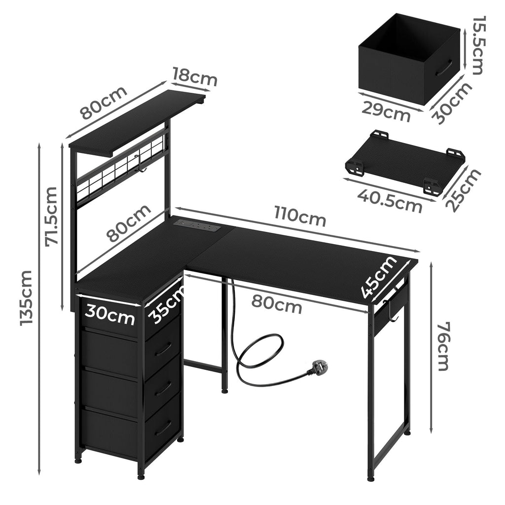 Levede L Shaped Gaming Desk with LED Lights & UK Power Outlets, 110 x 80 cm Reversible Corner PC Desk with 4 Fabric Drawers, Pegboard, CPU Stand & Headphone Hook, Carbon Fibre Black