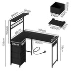 Levede L Shaped Gaming Desk with LED Lights & UK Power Outlets, 110 x 80 cm Reversible Corner PC Desk with 4 Fabric Drawers, Pegboard, CPU Stand & Headphone Hook, Carbon Fibre Black