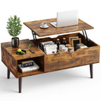 OLIXIS Wooden Coffee Table, Lift Top Coffee Table with Large Hidden Compartment and Ample Storage Shelf, Lift Tabletop Dining Table for Living Room, Home Small Space, Rustic