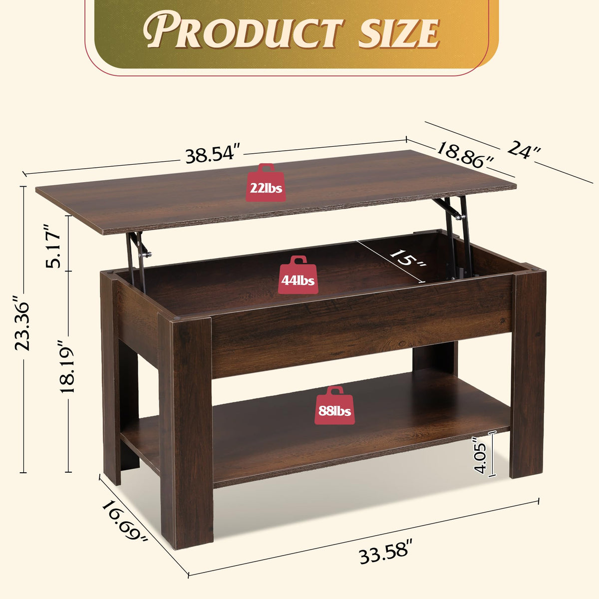 WLIVE Lift Top Coffee Table for Living Room/Dining/Office, Retro Espresso