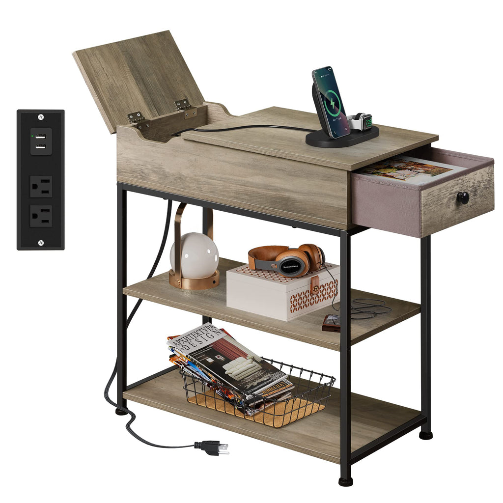 WLIVE 3 Tier Narrow Side Table End Table Nightstand with Charging Station