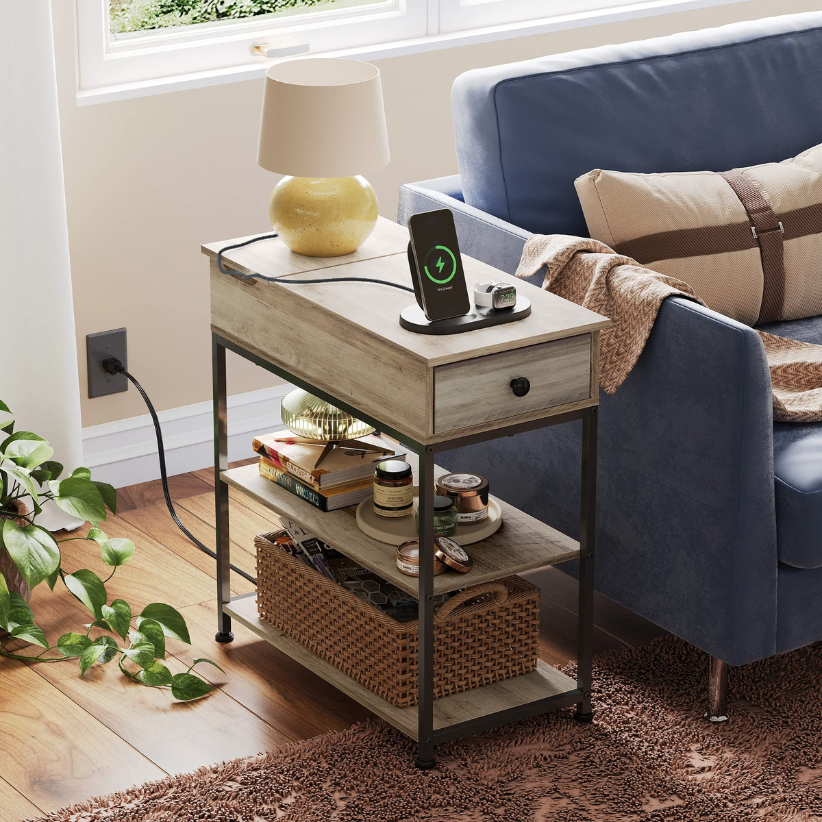 WLIVE 3 Tier Narrow Side Table End Table Nightstand with Charging Station
