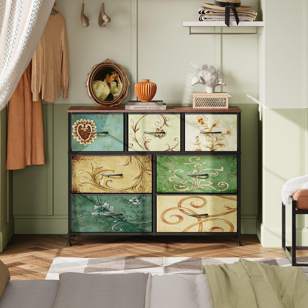 WLIVE Dresser for Bedroom, 7 Drawers, TV Stand, Floral