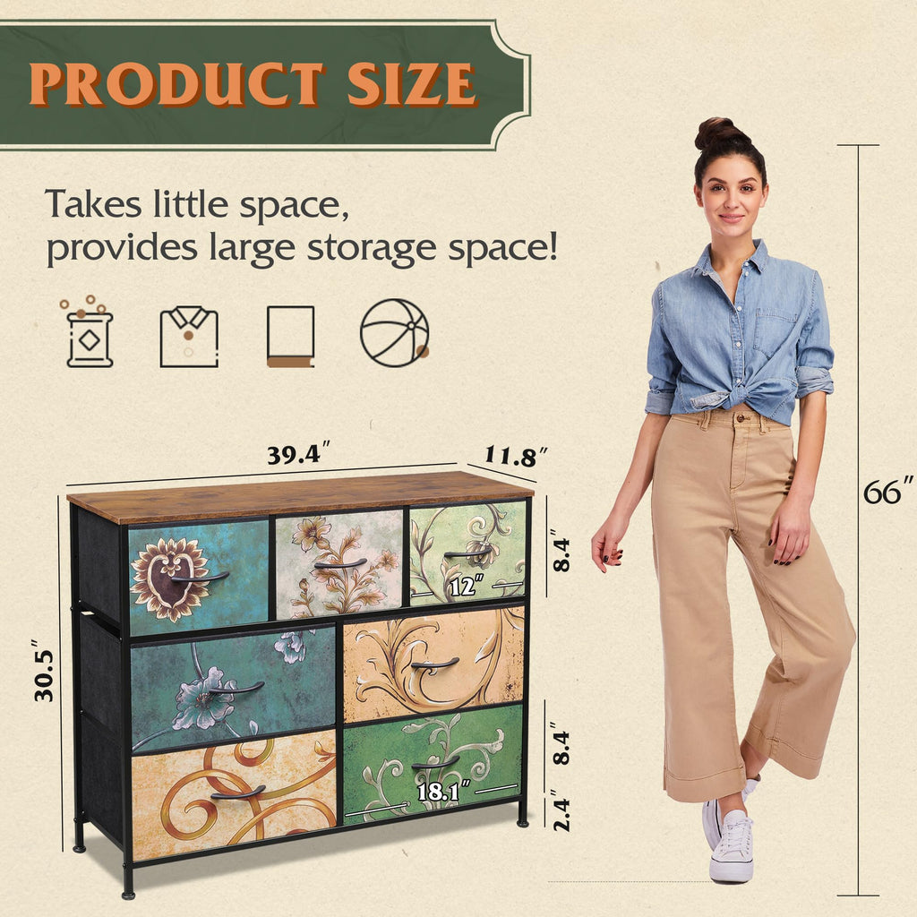 WLIVE Dresser for Bedroom, 7 Drawers, TV Stand, Floral