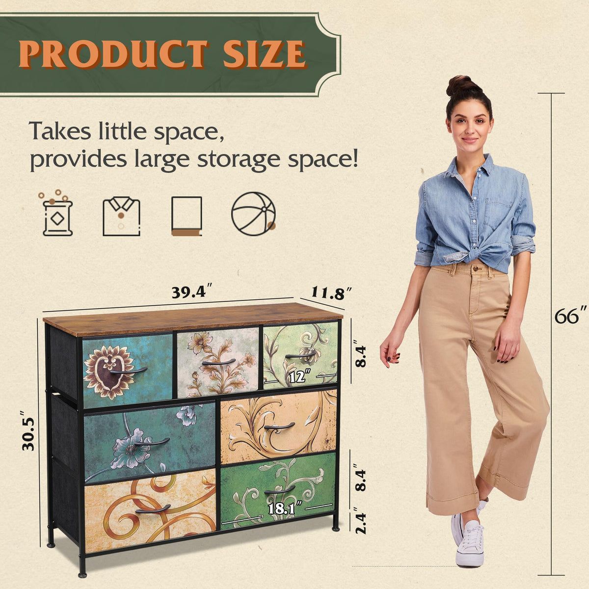WLIVE Dresser for Bedroom, 7 Drawers, TV Stand, Floral
