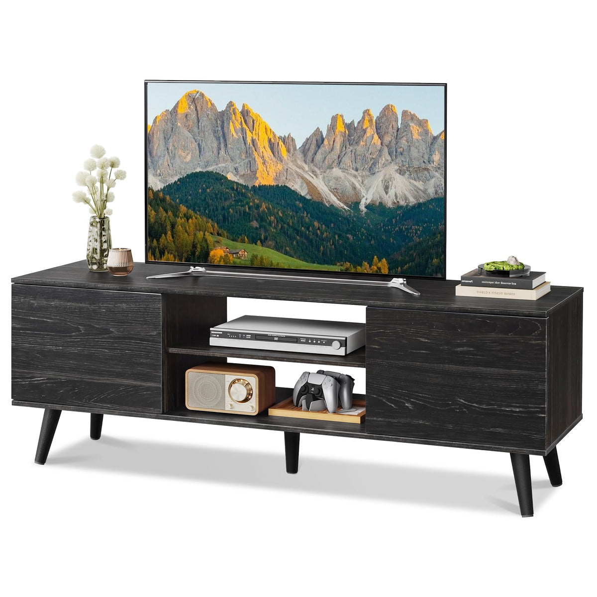 WLIVE TV Stand for 55 60 Inch TV, Mid Century Modern, Dark Black