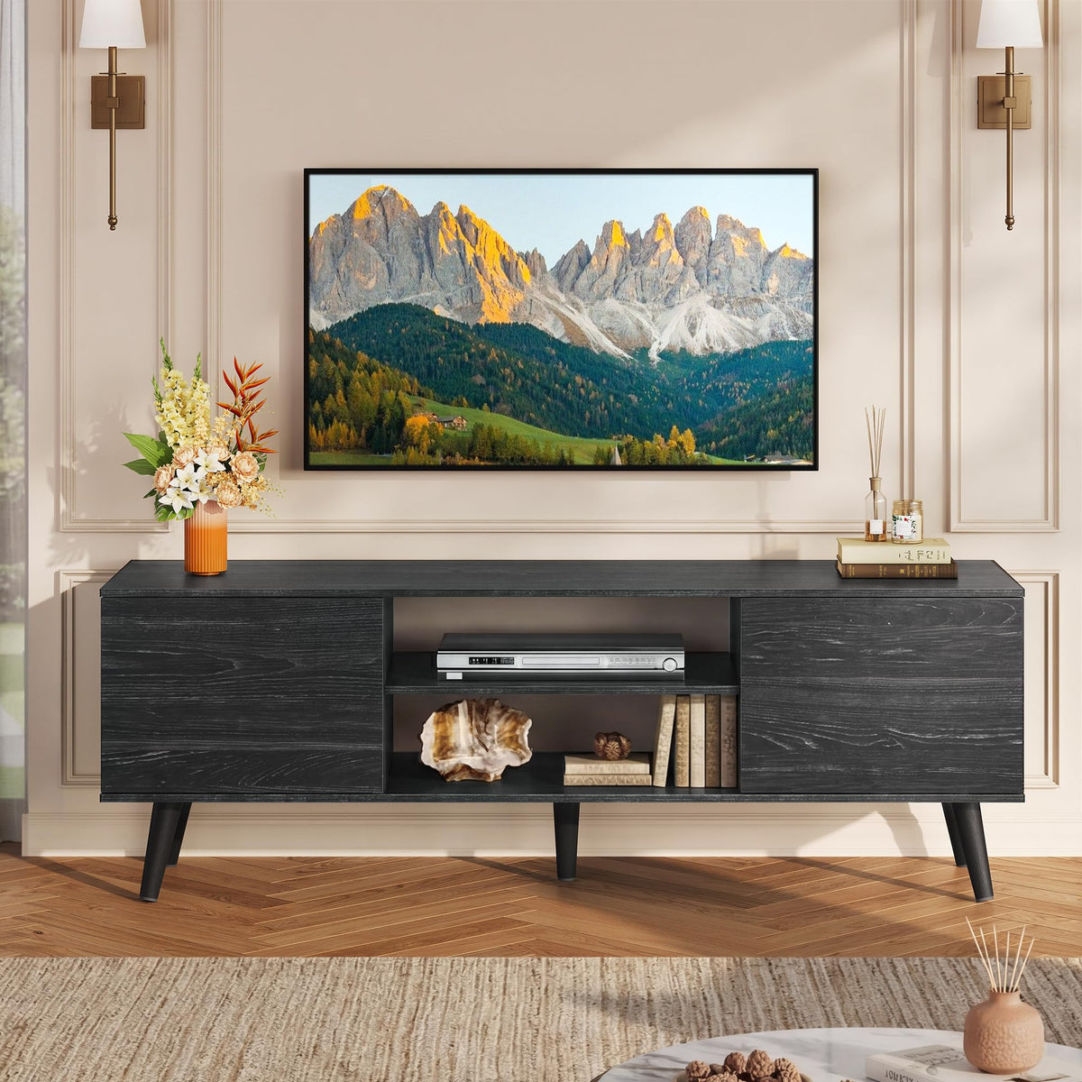 WLIVE TV Stand for 55 60 Inch TV, Mid Century Modern, Dark Black