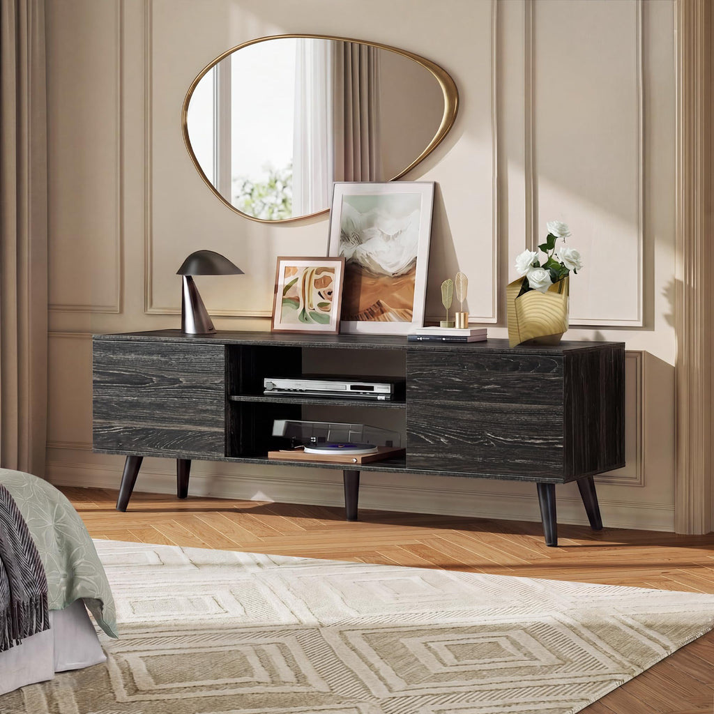 WLIVE TV Stand for 55 60 Inch TV, Mid Century Modern, Dark Black